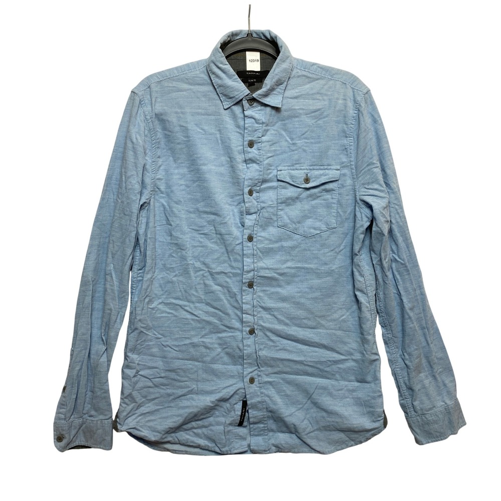Tahari Shirt Mens M Light Blue Slim Fit Button Down Fine Wale Corduroy 12319